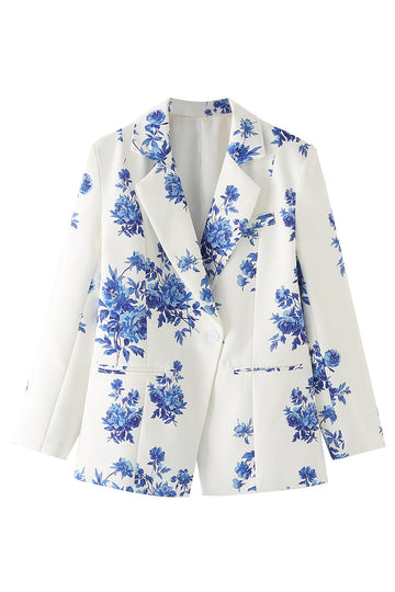 Blue Floral Notched Lapel One Button Women's Blazer